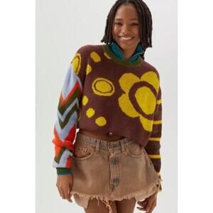 BDG Urban Outfitters Cropped Graphic Sweater Womens Small Retro Pattern Knit